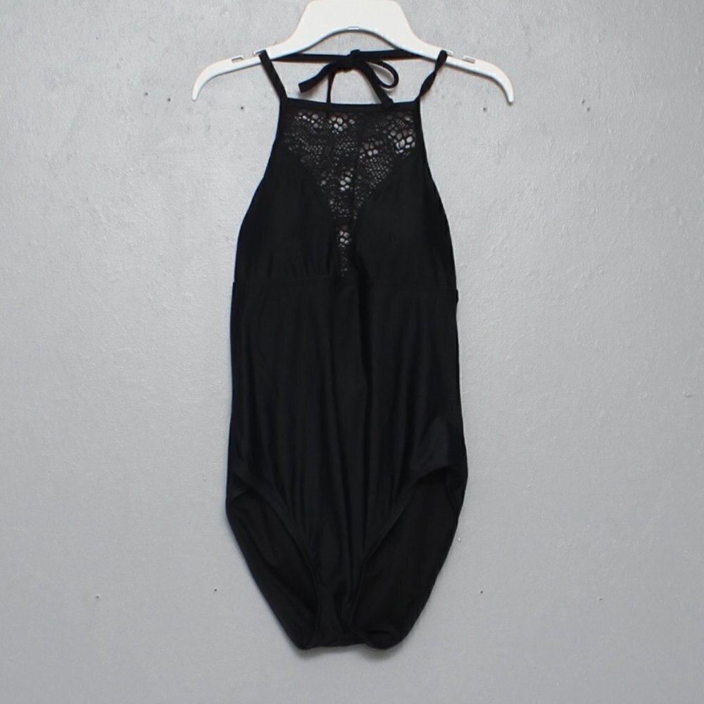 Mossimo crocheted lace halter black one piece swimsuit